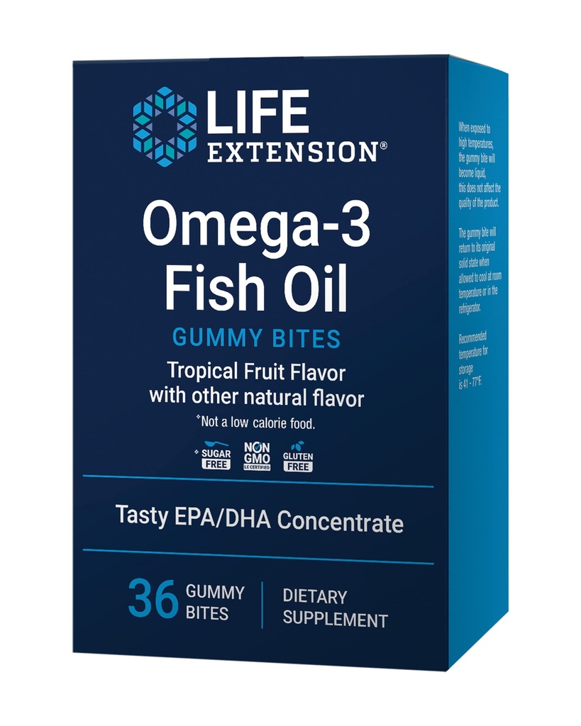 Life Extension Omega-3 Ribje olje Gummy ugrizi, EPA DHA Maščobne kisline, Visoka doza EPA DHA Podpora v okusni žvečljivi obliki, Non-GMO, Gluten Free, 36 Gummy Bites