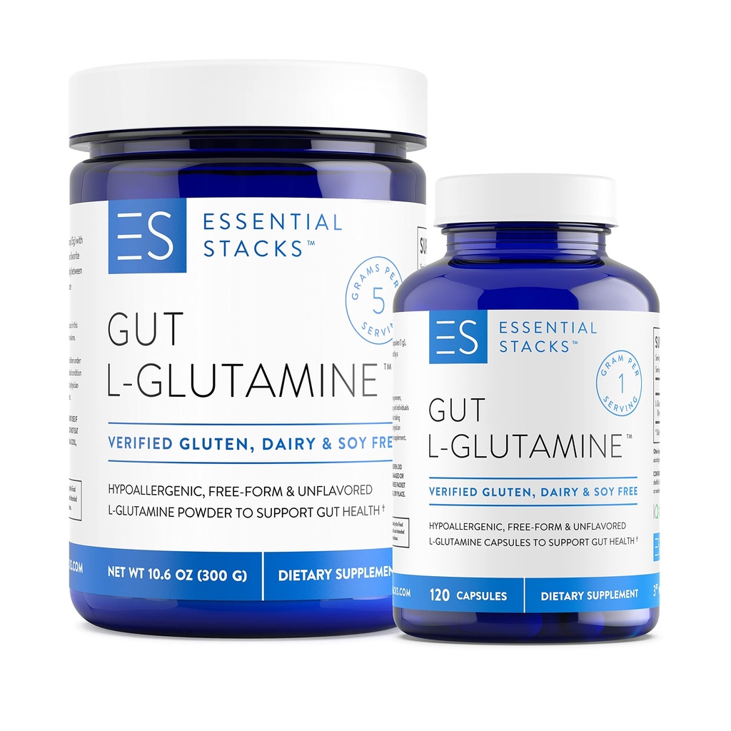 Essential Stacks L-glutamin Domov & Oddaljeni paket - L Glutamin prašek in kapsule