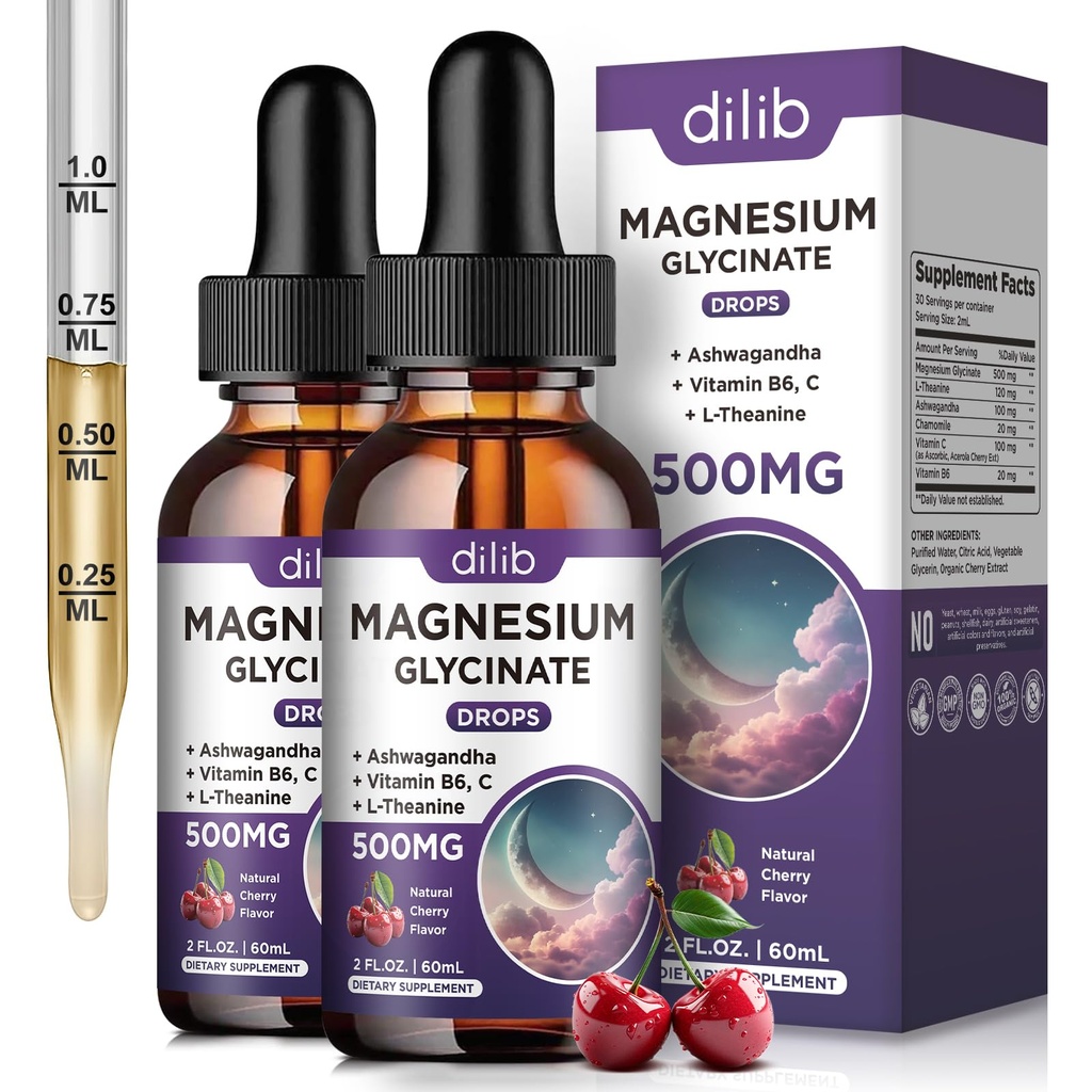 (2 paket) Magnezijev Glicinat Tekoče kapljice 500mg, z vitaminom B6, Ashwagandha, L - Teanin, Kamilica, Magnezijev Glicinat Dodatek Visoka absorpcija za spanje, Stres, Energy Mood - Cherry Flavor