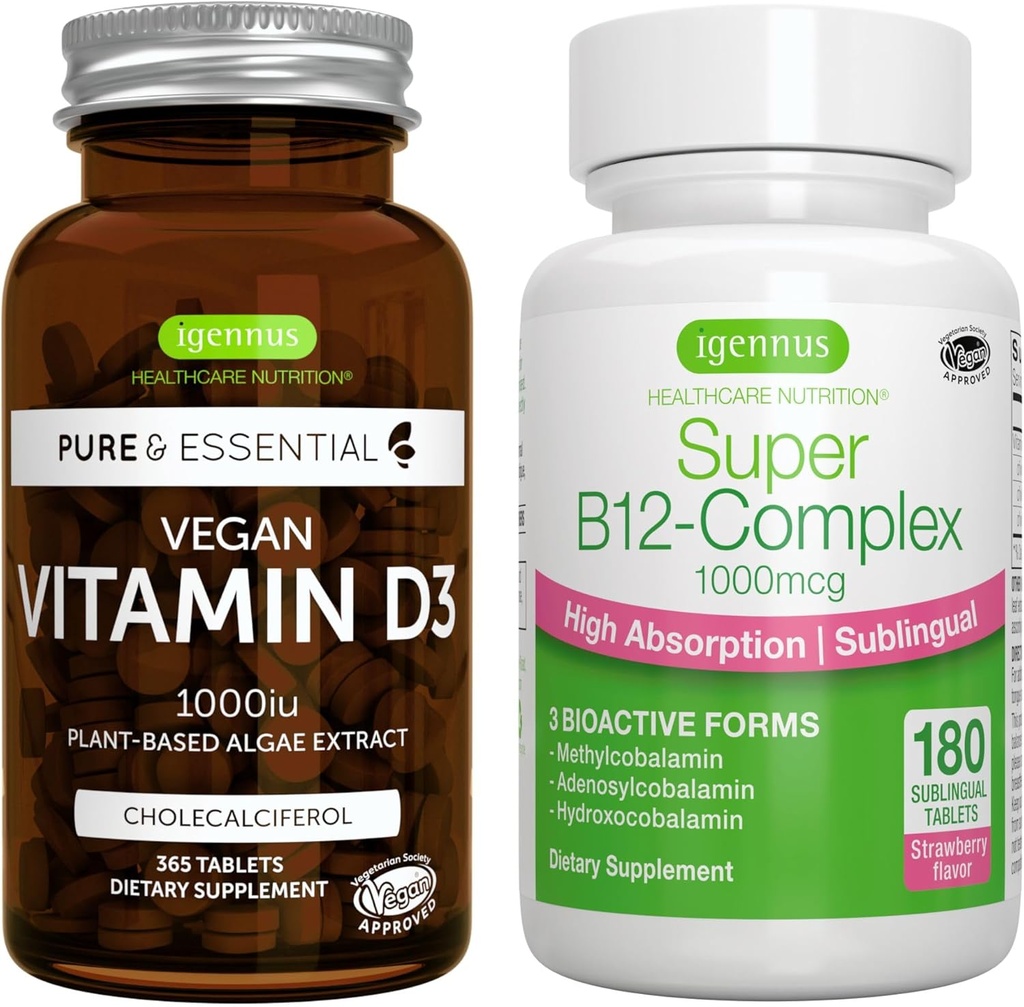 Vegan Vitamin D3 + Super B12- Complex, Vegan Bundle, 365 1000iu Vitamin D3 Tablete + Visoka absorpcija Podjezična B12, z Igennus