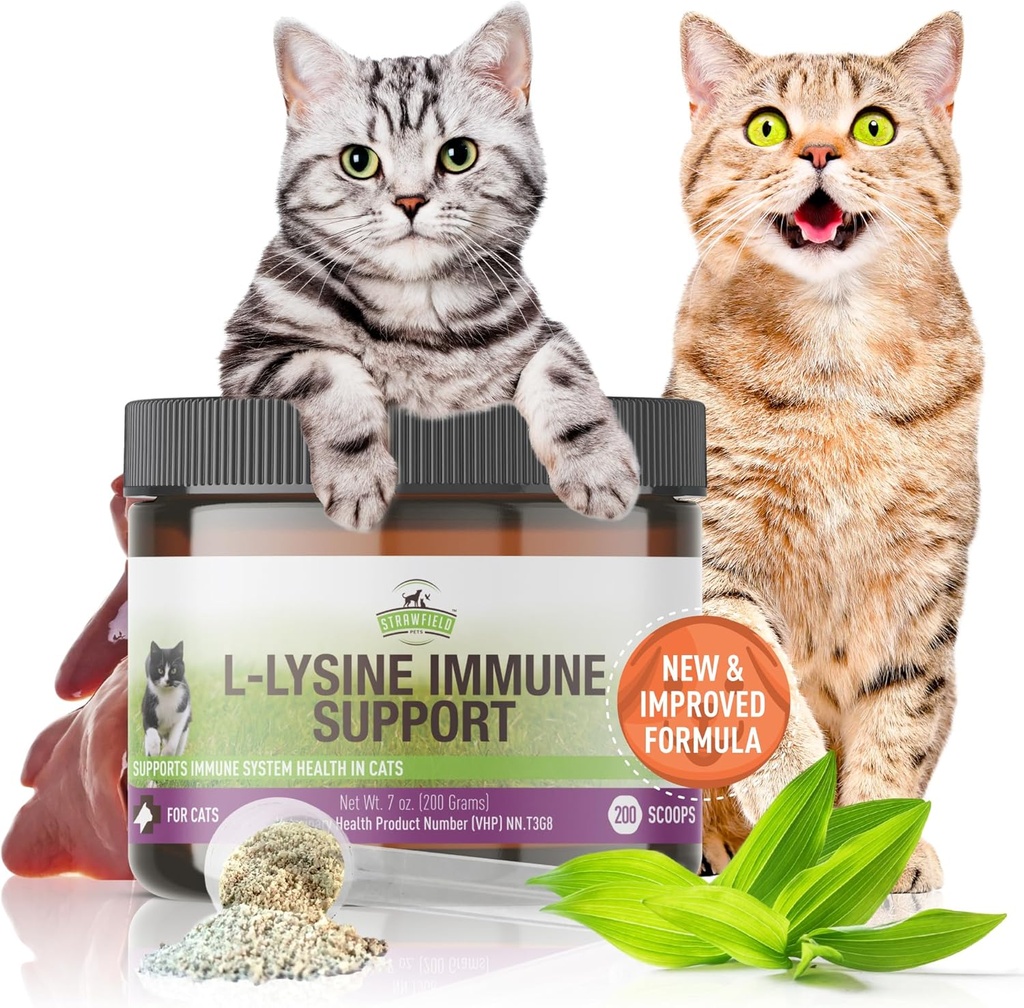 Strawfield hišne ljubljenčke L-Lysine Imunska podpora za mačke in mačke - 200g piščančja jetrna aroma Granule s Scoop, Immune Health Supplement Cat Cold Relief, Sneesing, Congestion, Tekoči nos, Vodne oči