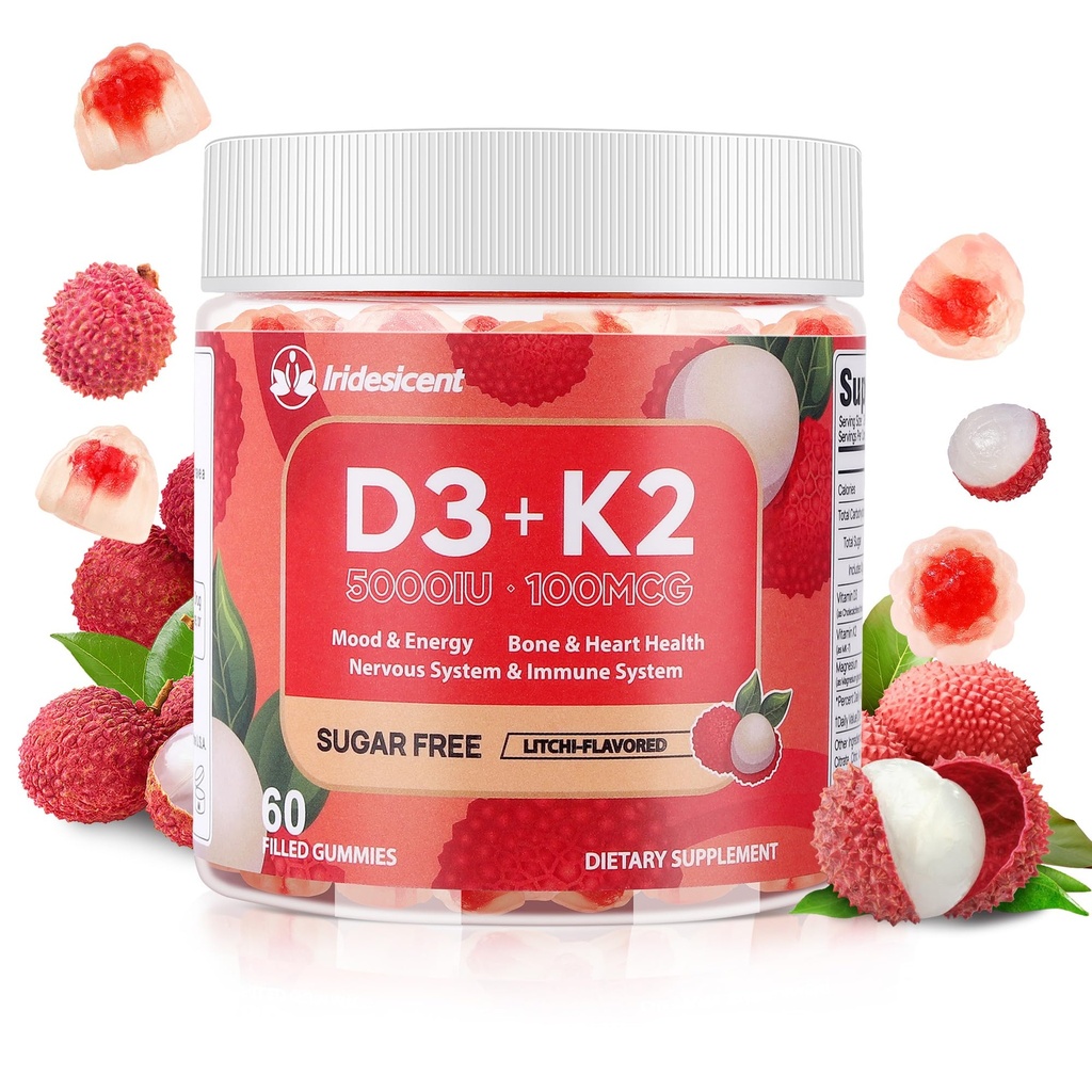 Vitamin D3 K2 Gummies w/Magnesium Sugar Free - 60 Count | D3 Vitamin 5,000 IU + K2(MK-7) 100 mcg - Vegan K2 D3 Vitamin Supplement, Highly Absorbent Supports Bone, Muscle, Mood & Immune(Lychee Flavor)