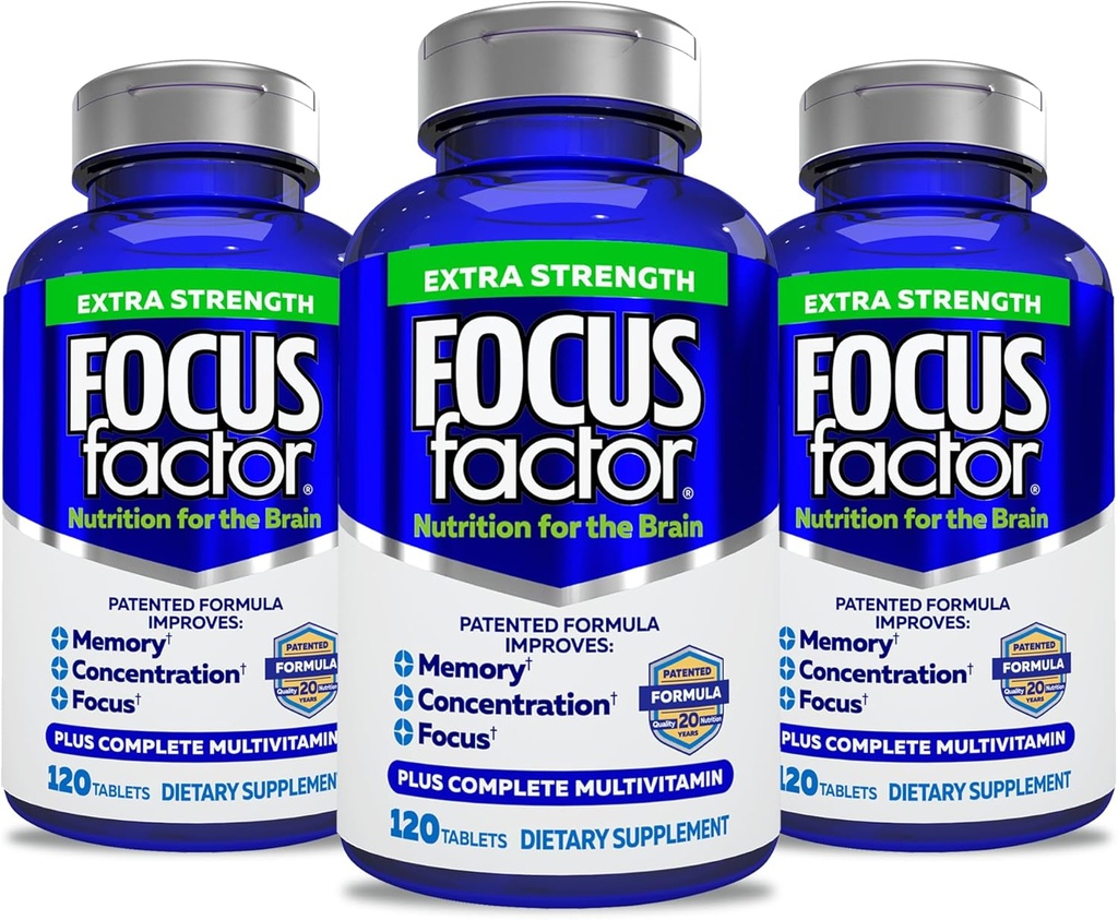 Fokus Factor Odrasli Dodatna moč, 120 Count- Možganski dodatek za spomin, Koncentracija, Focus- DMAE, Vitamin D, DHA- Možgansko zdravje Dopolnilo – Trusted Formula- Brain Vitamini, Focus tablete (3 Pack)