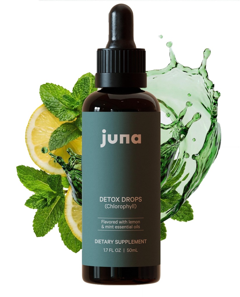 Tekoče kapljice Juna Klorofill, 3X koncentracija jakosti - detoks, dezodorant, čistilo, notranji deodorant, energijska in celična podpora - svež okus limone