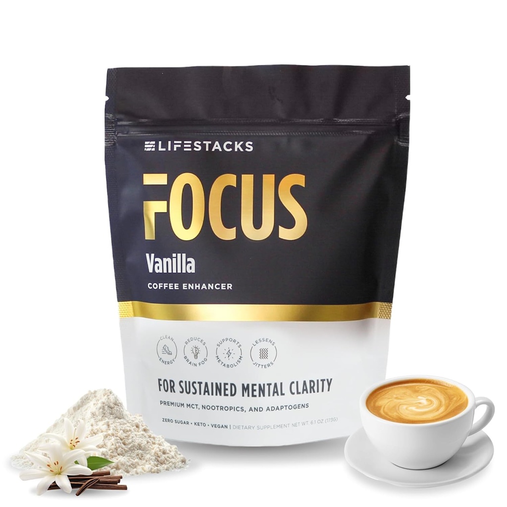 Fokus Coffee Creamer for Energy & Clarity - MCT Powder + Nootropics + Adaptogeni - povečanje produktivnosti brez Jitters ali Crash - Keto, Vegan, 0 Sladkor - s Taurin, L-Tirozin, Rhodiola
