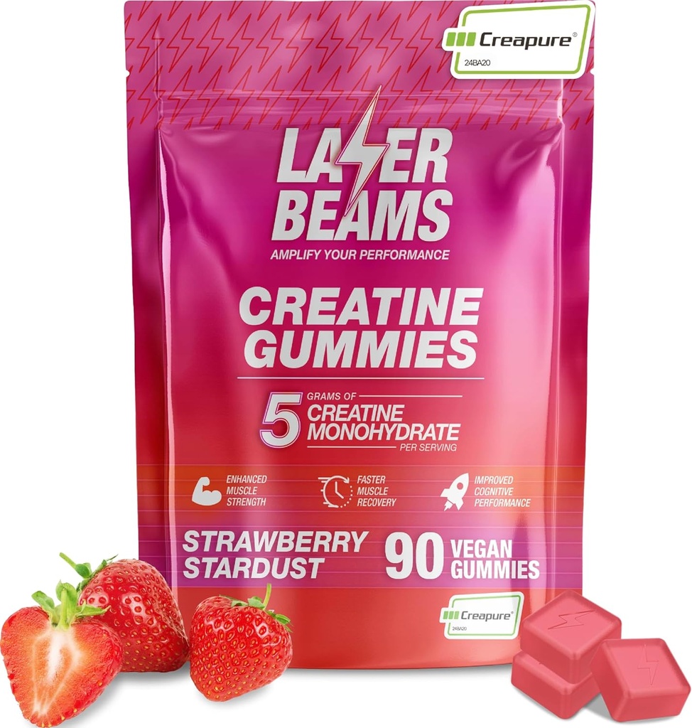 Kreatin monohidrat Gumiji - 5g Kreapurni kreatin na strežbo - Vegan - povečanje mišične moči, vzdržljivost, okrevanje in miselni fokus - 90 Gumijev, Gluten-free (Strawberry)