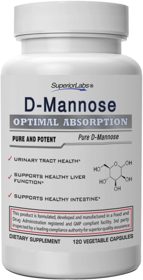 Superior Labs D-mannose 500 mg, čista ne-GMO optimalna absorpcija Prebiotik, sečni trakt, Bladder & Ledvič UTI Podpora, Prebavna in jetrna zdravstvena pomoč, IC Relief za ženske in moške, 120 Veg caps