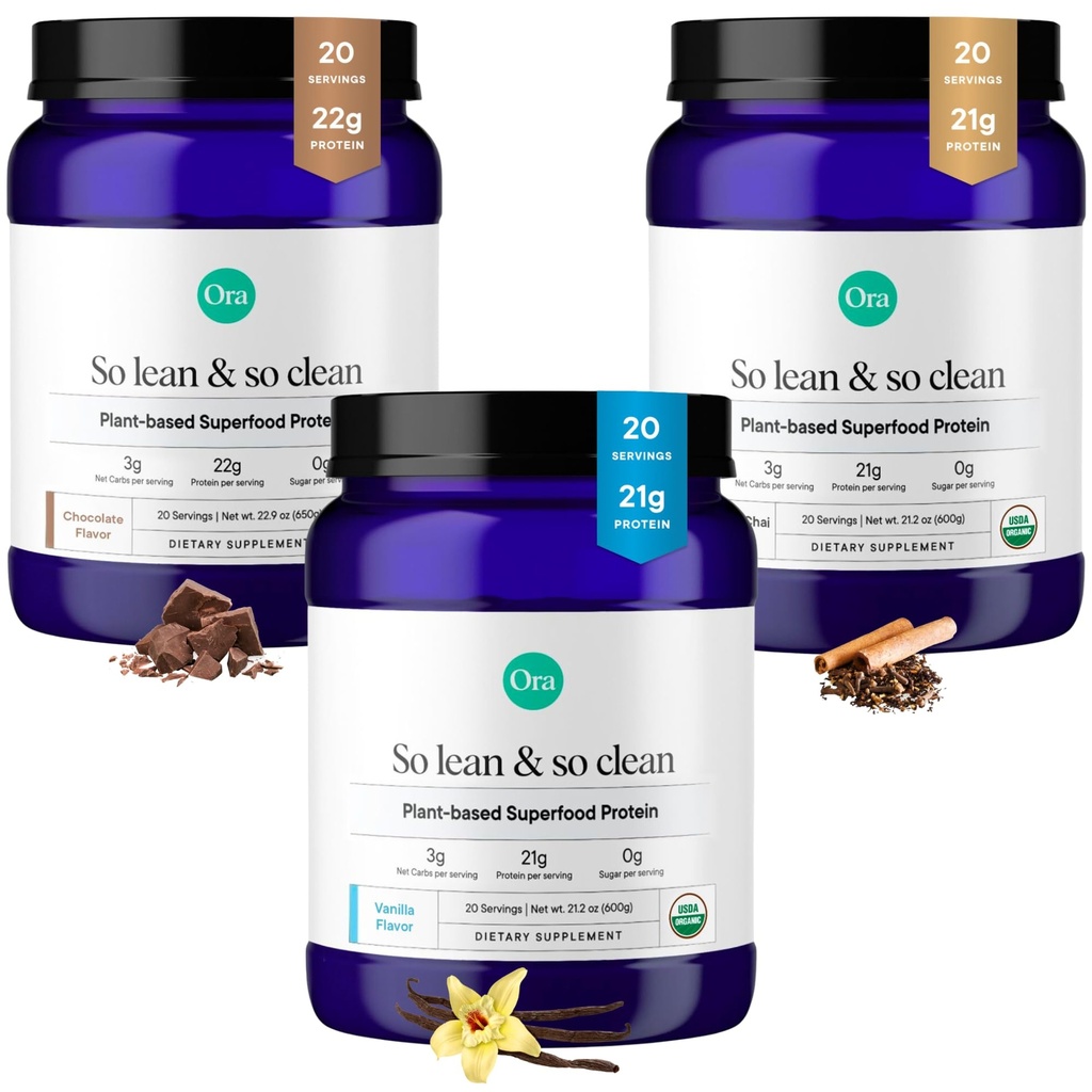 Ora Organski proteini v prahu Vanilla, Čokolada & Vanilla Chai paket: 21g rastlin na osnovi, Vanilla, Vanilla Chai, 20 Servings + 22g rastlin na osnovi, čokolada, 20 Serving