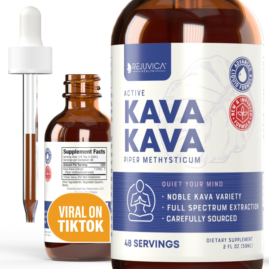 Rejuvica Health Kava Kava Root Extract dodatek - Active Kava Kava - Potent Relaxation & Calm - Liquid Extract - Piper Methysticum - Plemenita raznolikost - Seveda Prisotnost Kavalaktonov - 48 Servinges
