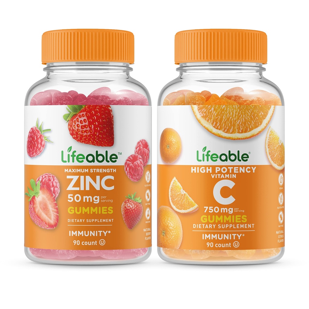 Življenjski cink 50mg + Vitamin C 750mg, Gummies Bundle - odličen okus, Vitamin dodatek, Gluten brezplačno, GSO brezplačno, Žvečljivi gumi