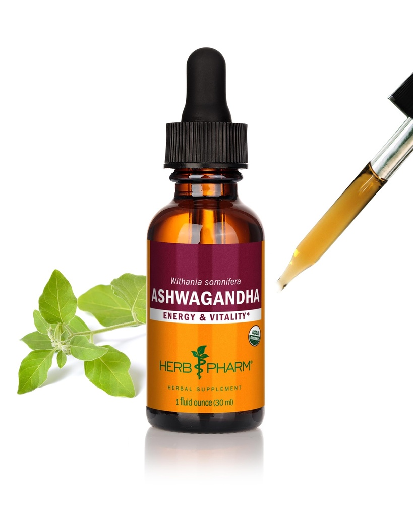 Herb Pharm Certified Organic Ashwagandha Extract za energijo in vitalnost, žito, organski trs alkohol, 1 Ounce