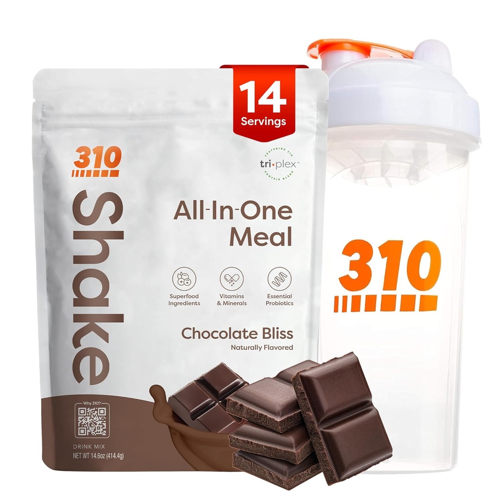 310 Nutrition All-in-One Mechange Shake Powder w/Shaker Cup Starter Kit - High Protein Fiber Rich Vegan Superfood Mešanica - Sugar-free, Keto & Paleo prijazno, Low Carb - Čokolada Bliss 14 srv