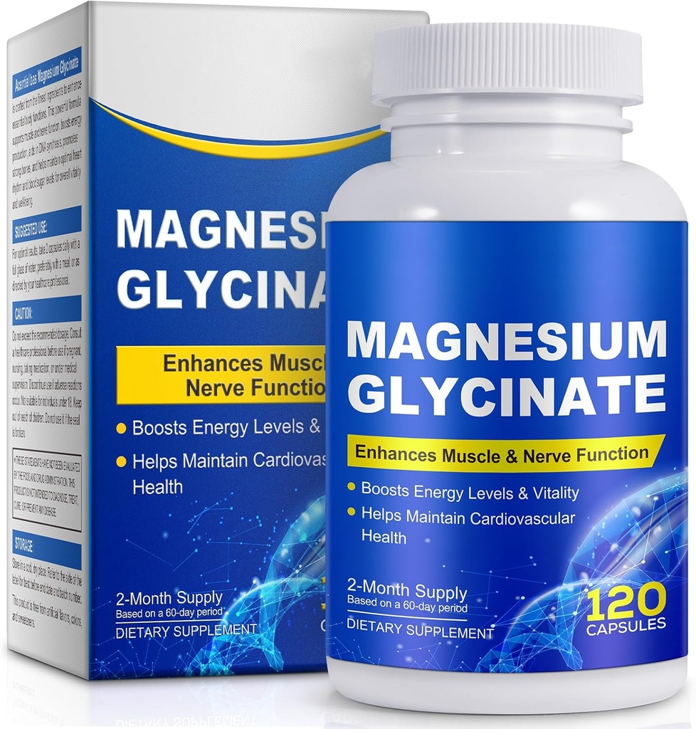 Magnezij Glicinat za spanje, razpoloženje, možgane, visoka absorpcija 120 Kapslues dodatek, Elementarni magnezij s 100 mg kalcija - Zelo biorazpoložljiv - z vitaminom D3 & K2