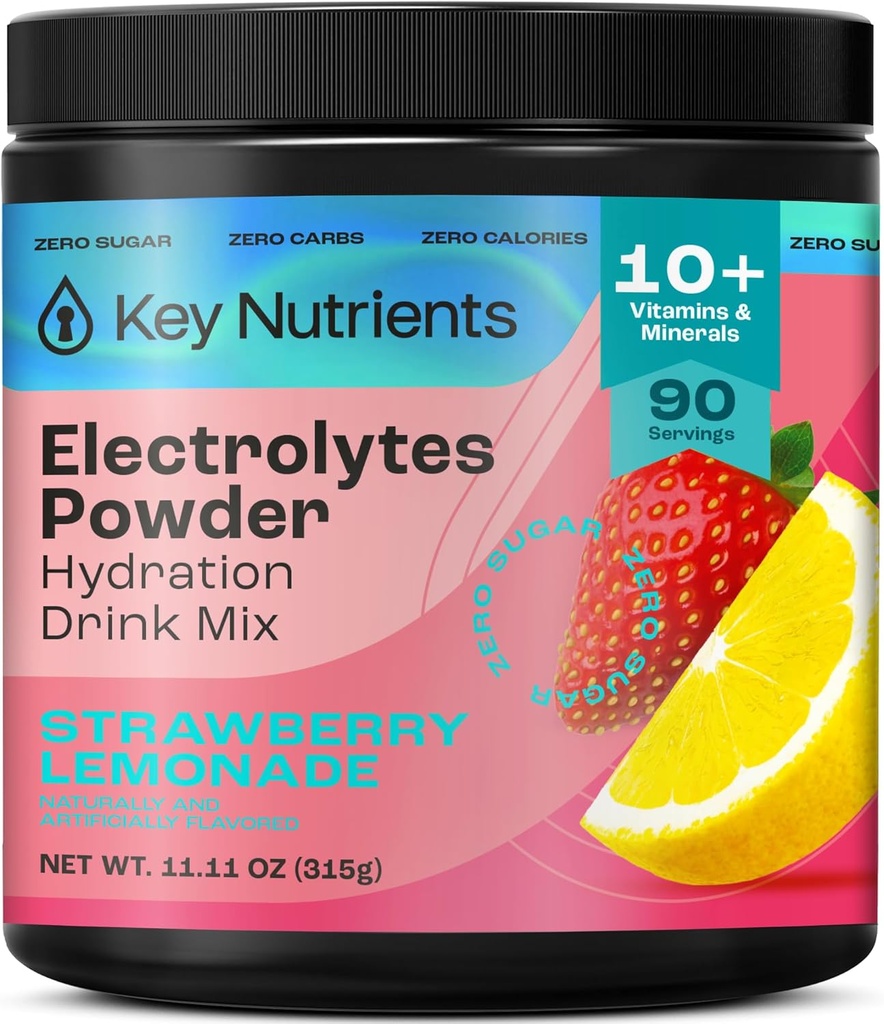 KLJUČNI HRANILCI Elektroliti v prahu Brez sladkorja - Juicy Jagodna limonada Elektrolit v prahu - Hidracija v prahu - Brez kalorij, Gluten Brez keto elektrolitov v prahu - 90 Strežnice - Made in USA