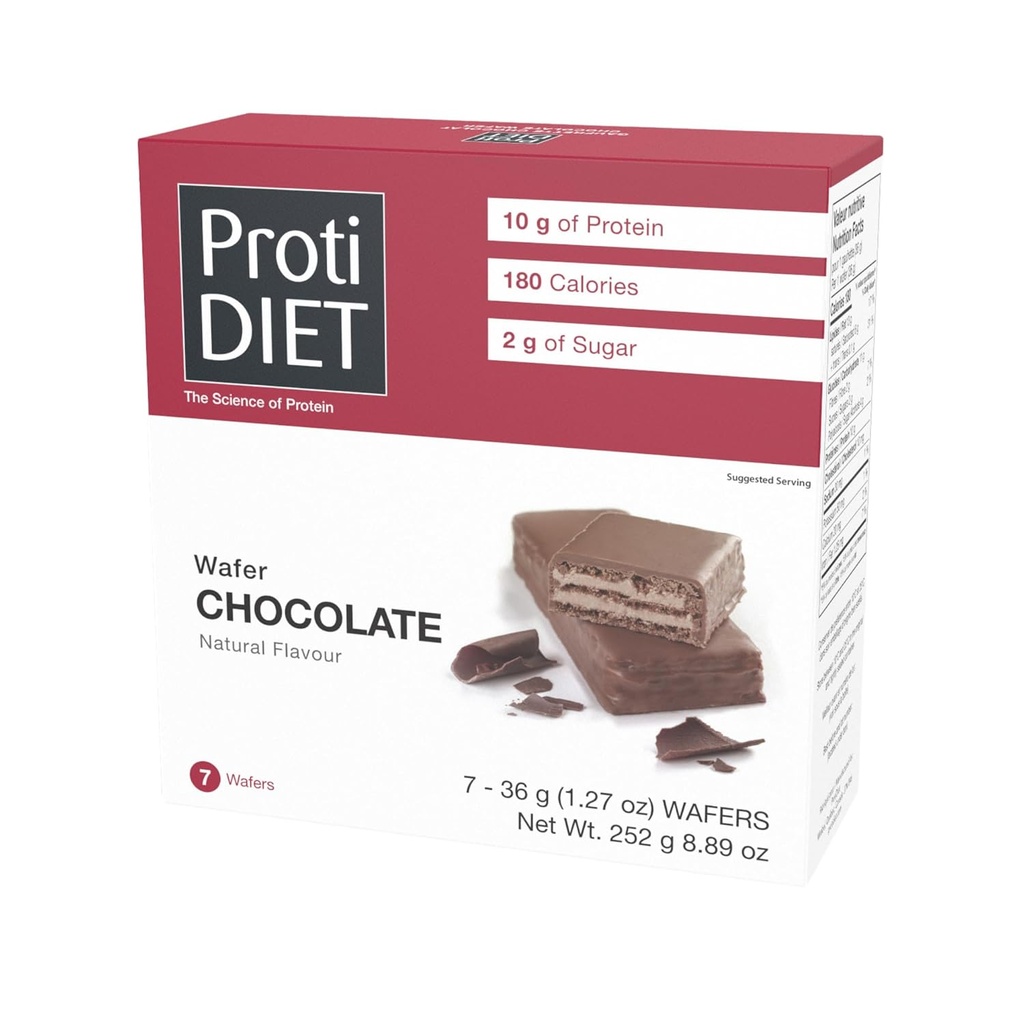 ProtiDIET čokoladni proteini Wafer Bars - prigrizki z nizko vsebnostjo beljakovin, brez pretočnih čokoladnih vafljev s transmaščobno energijo, čokoladni vaflji, perfect On the Go Nutritional Prigrizek - 7 proteinskih vafljev na škatlo