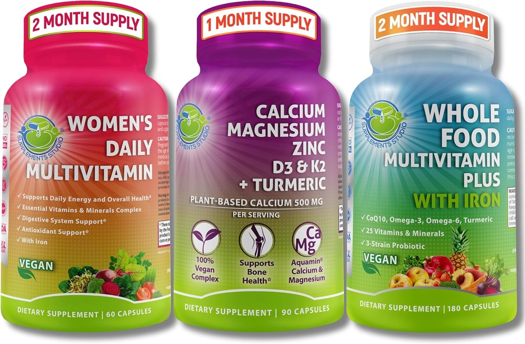 Veganski multivitamini in kalcijev trio – vetrna hrana Multivitamin z železom + ženskim dnevnim multivitaminom z železom + na rastlinah temelječim kalcijom, magnezijem, cinkom, D3, K2 in kurkumom – energija, podpora kosti in imunskega sistema