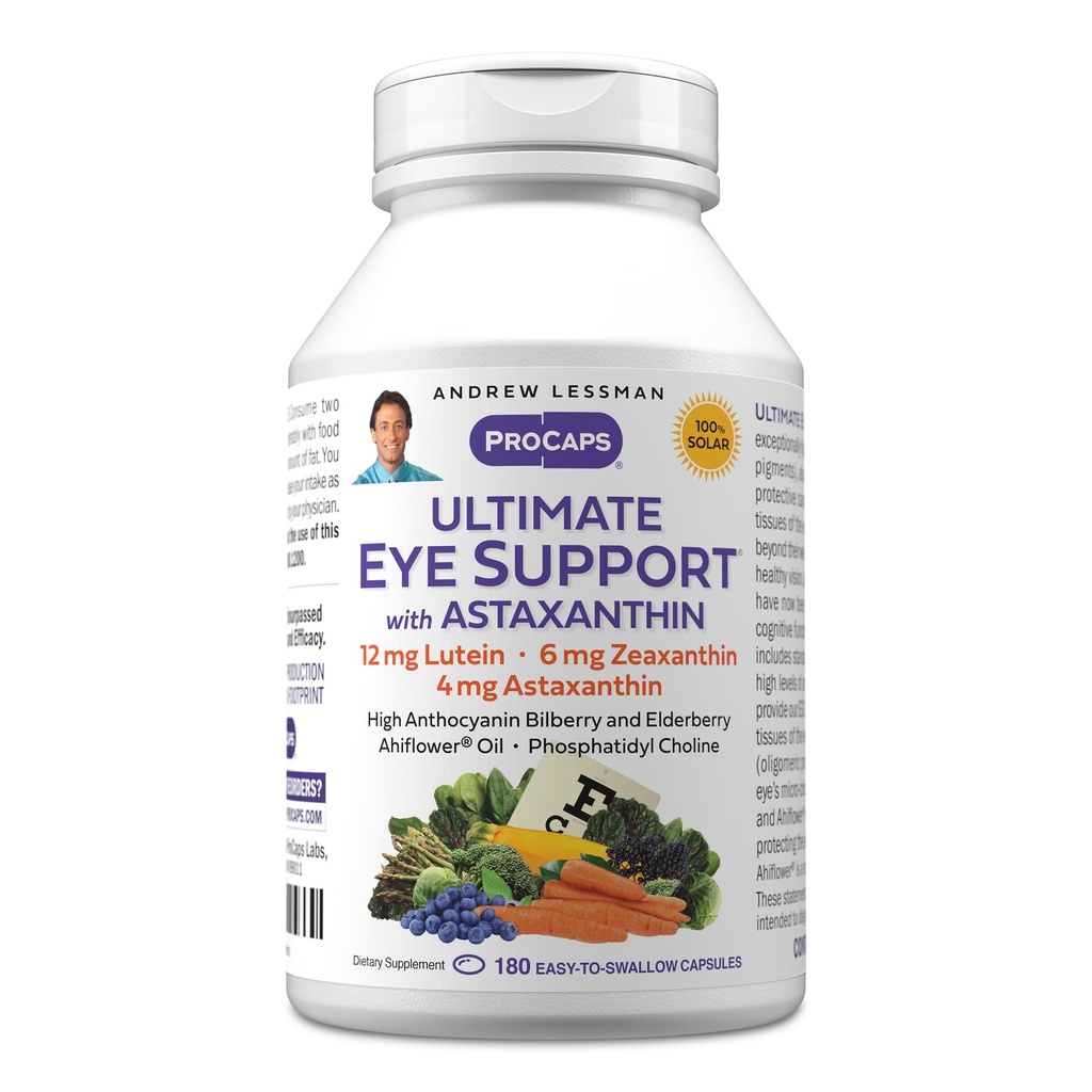 ANDREW LESSMAN Ultimate Eye Support with Astaxantin 180 Softgels - 12mg Lutein, 6mg Zeaksantin, 4mg Astaksantin, Bilberry. Ključne hranila za podporo zdravje oči, spodbujanje zdravega vida. Brez dodatkov