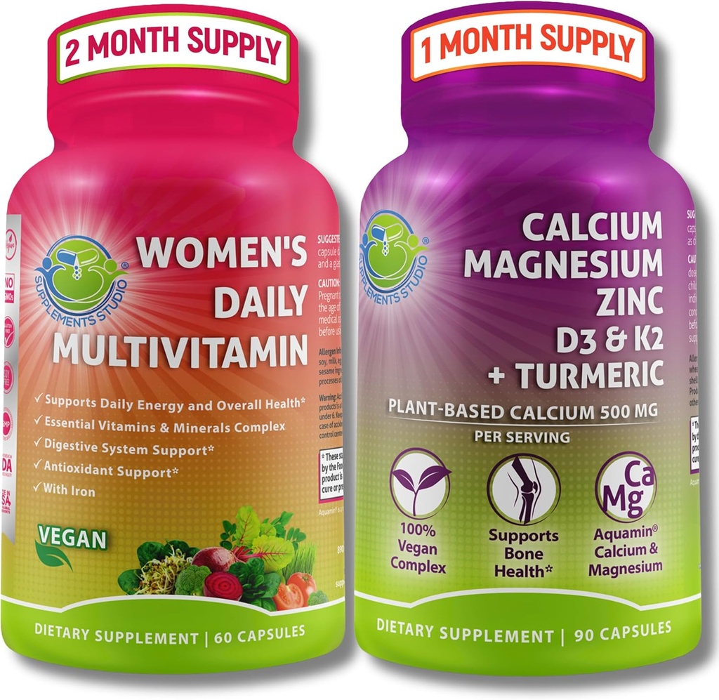 DOPOLNILNI ŠTUDIO Celovit Wellness & Bone Health Bundle - ženski dnevni multivitamin z železom + na rastlini osnovani kalcij, magnezij, cink, D3, K2 & Kurkurja - Vegan, ne-GMO, čiste sestavine