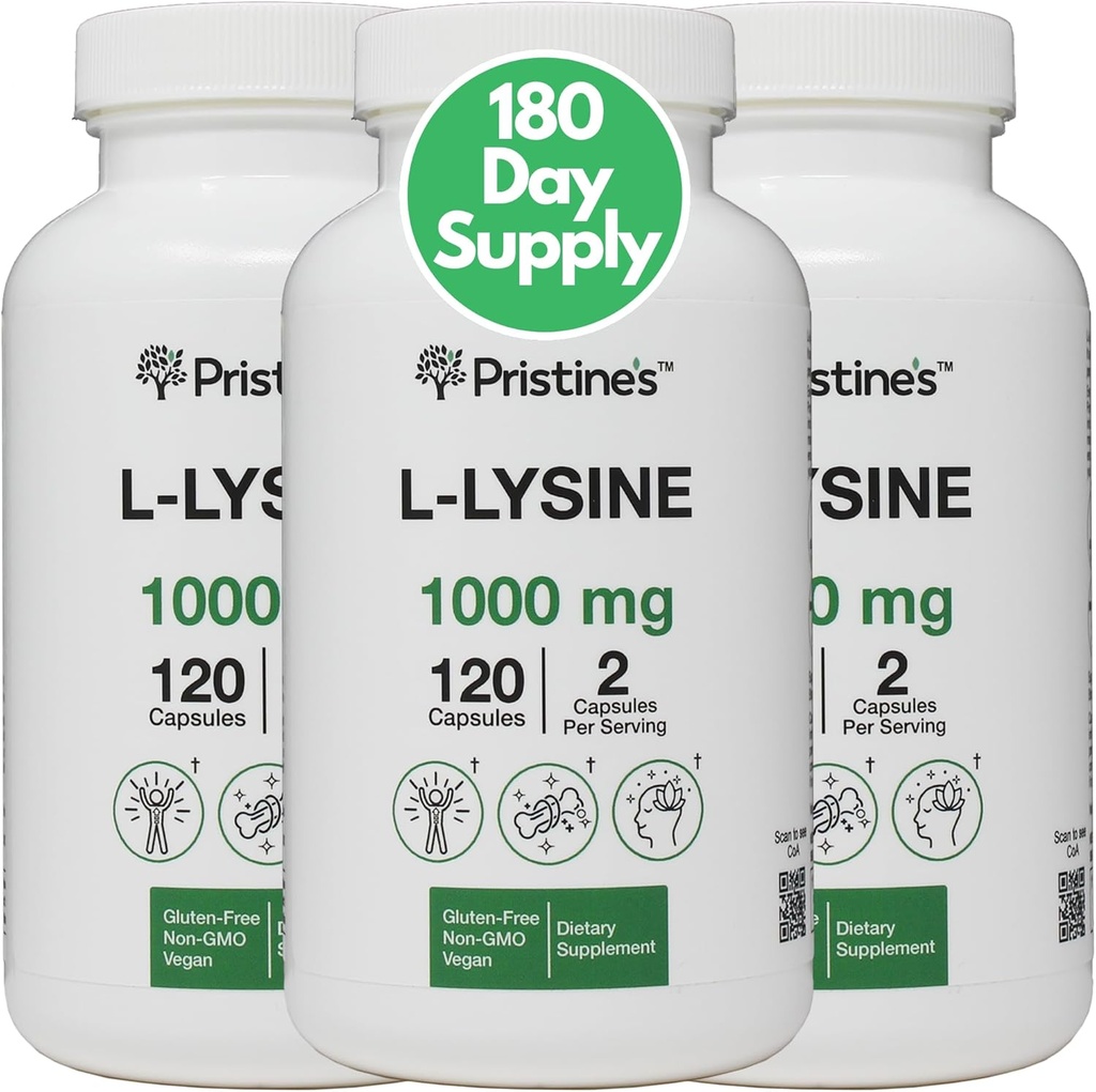 Pristine's L Lysine 1000mg (3 paket) Lip & Gum Health Essential Amino Acid Immuniteta Podpora Kapsule -180 Day Supply Muscle & Tsue Support - Colagen Production - Vegan Gluten Free Non GSO