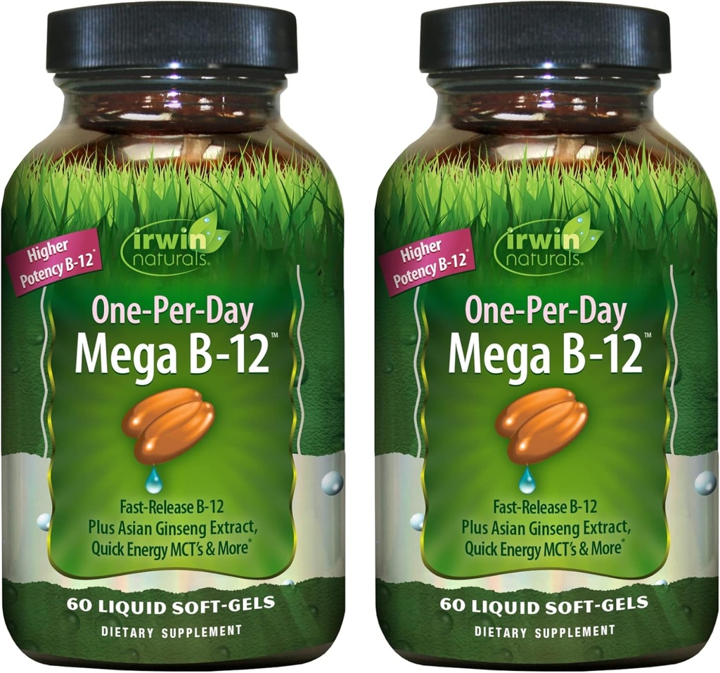 Irwin Naturals One-Per-Day Mega B-12 1.500mcg Visoka moč Metilkobalamin Vitamin - hitro izboljšana absorpcija z MCT + Asian Ginseng - Naravna energija Boost - 60 Tekoči softgels (Pack of 2)