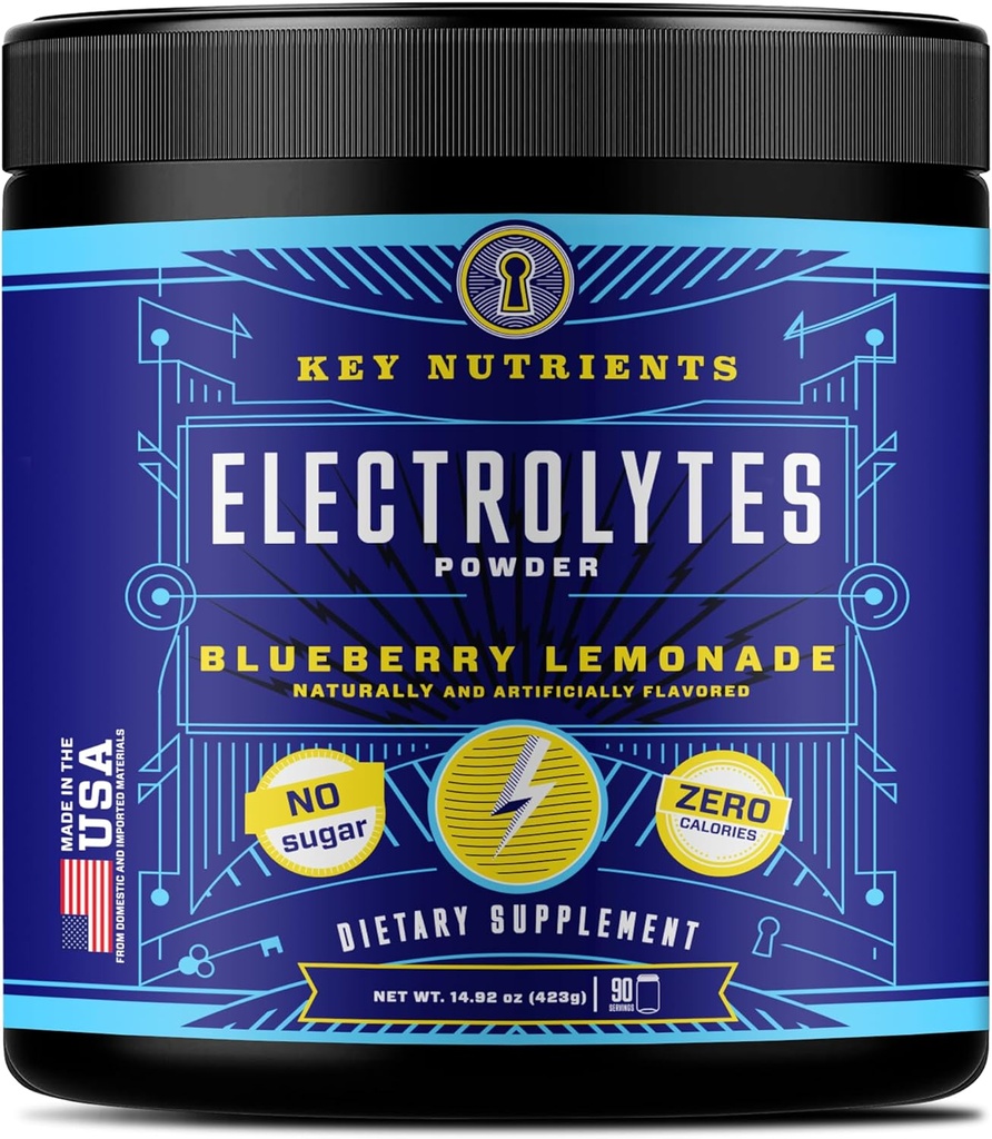 KLJUČNI HRANILCI Multivitaminski elektroliti v prahu brez sladkorja - sveža borovničeva limonada Elektrolitni prašek - vzdržljivost in energijska dopolnila - Hidracijski napitek - brez kalorij - 90 Servisi - Made in USA