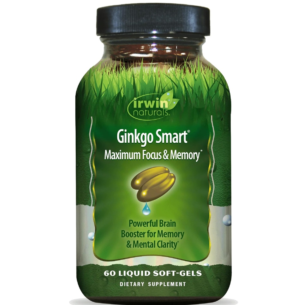 Irwin Naturals Ginkgo Smart Powerful Nootropic Brain Booster - podpira maksimalni spomin, Fokus & Duševna jasnost z DMAE, Clubmoss, Choline & Acetil L-Carnitine - 60 Liquid Softgels