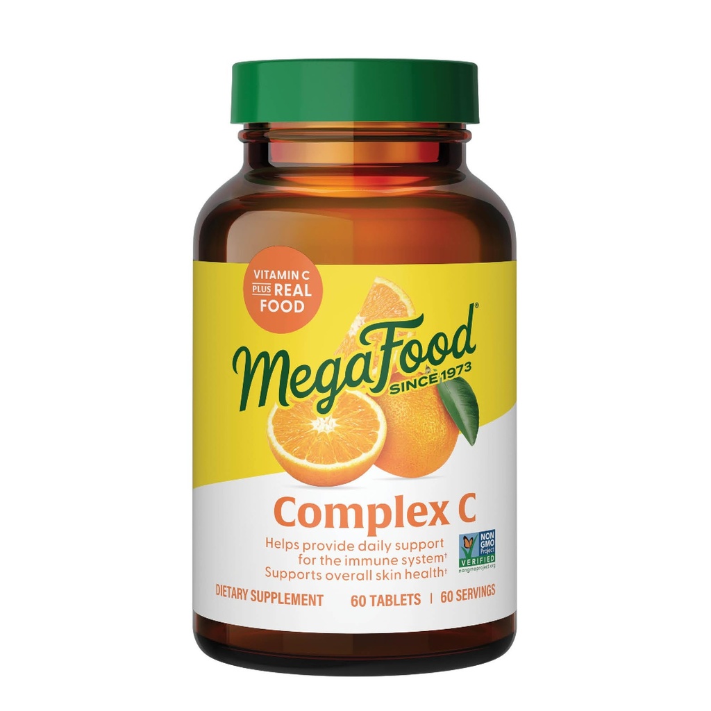 MegaFood Complex C - Veganski Imunska podpora dodatek z vitaminom C 250 mg, Made with Real Food Vključno z Orange, Cranberry & Brown Rice, Gluten-free, Kosher - 60 tablet, 60 Servings