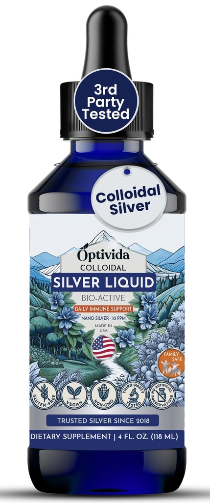 Optivida Health Coloidal Silver Liquid (4 oz) – Premium Nano Silver Coloidal dodatek za dnevno wellness in imuno podporo, naravni tekoči srebro hidrosol za odrasle in otroke, ne-GMO, Gluten-free