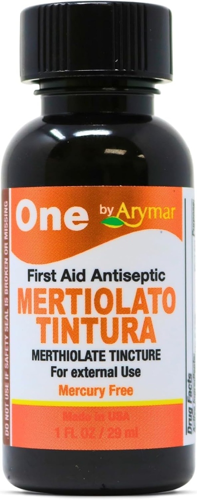 Arymar Mertiolato Tincture 1 fl oz. Antiseptična rešitev za manjše reze, luske in opekline.