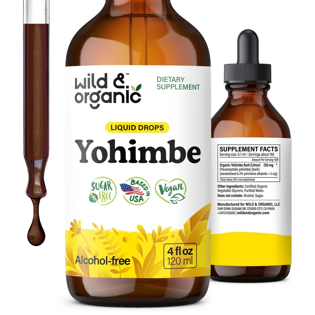 Wild & Organic Yohimbe dodatki za moške in ženske - 5 mg Yohimbine ekstrakt Tinkture - Alkohol-free Yohimbe Bark kapljice - Vegan, Non-GMO & Sugar-free - 4 fl oz