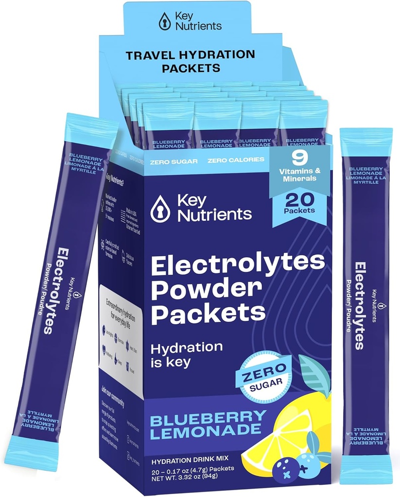 KLJUČNI HRANILCI Multivitaminski elektroliti v prahu Packets - okusna borovničeva limonada 20 Pack Hydration Packets - potovalna hidracija v prahu - Brez sladkorja, brez kalorij, Gluten brez - Made in USA