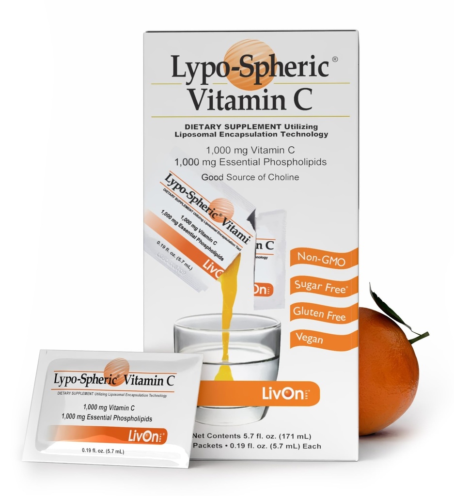 Livon Laboratories Lypo-Sferni vitamin C, 1000 mg Vitamin C & 1000 mg Esencialni fosfolipidi na embalažo, liposom, ki je zajet za boljšo absorpcijo, 100% ne-GMO, 1 škatla, 0,2 Fl Oz (paket po 30)