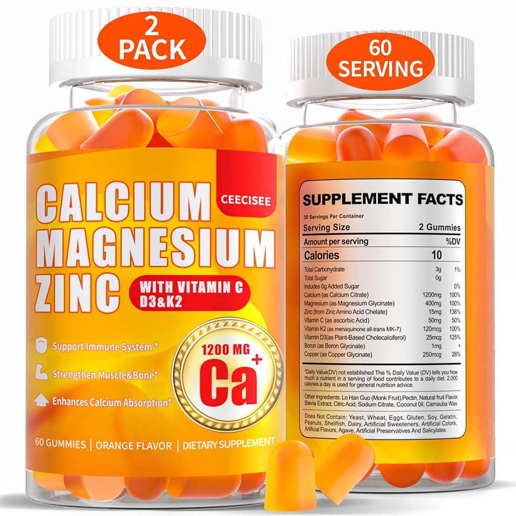 Kalcij Magnezij Gumiji za ženske: 1200mg Kalcijev citrat cink Gummy z vitaminom C D3 K2 - Veganski sladkor brez žvečljive visoke absorpcije Enegy Imune Support (120Count)