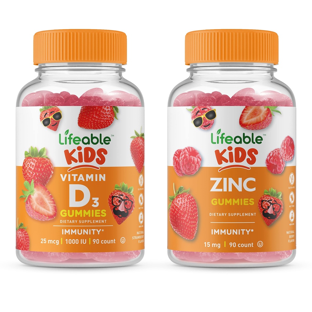 Življenjski vitamin D Otroci + Cink Otroci, Gummies Bundle - odličen okus, Vitamin dodatek, Gluten brezplačno, GSO brezplačno, Žvečljivi gumi