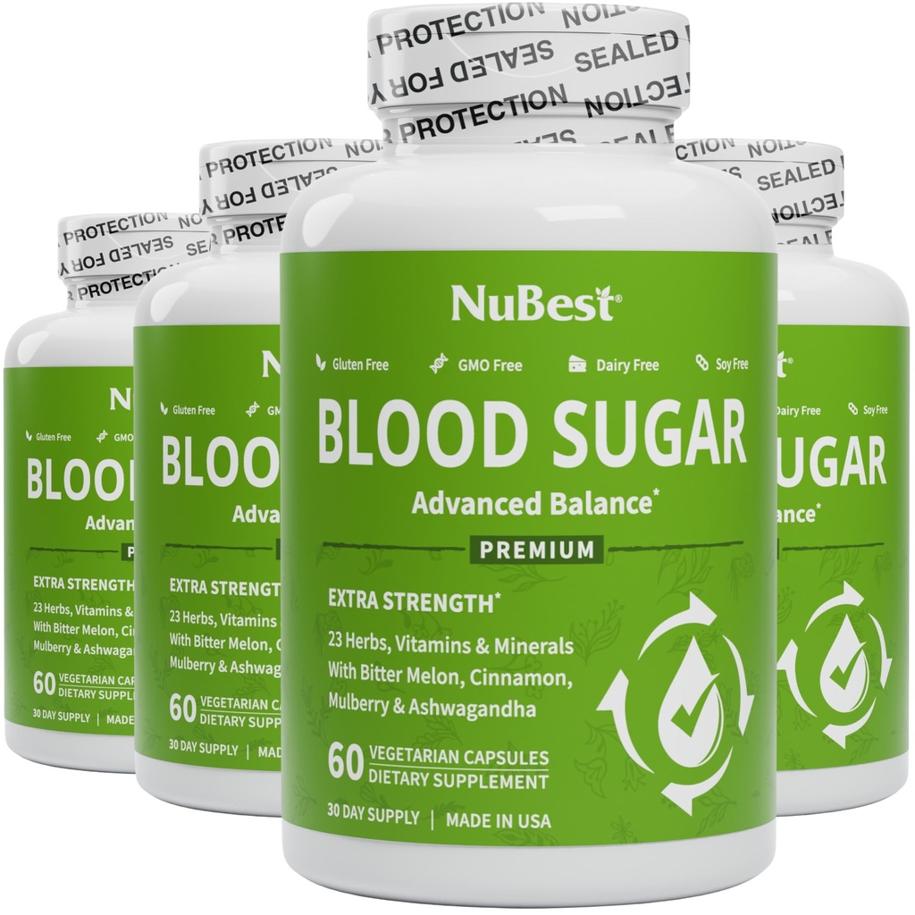 NuBest Blood Sugar - Premium Formula z Bitter Melon, Ashwagandha, Cimet, Krom, Magnezij, Vitamini, Alfa Lipoična kislina, Cayenne Pepper - Podpora Zdravi krvni sladkor - Pack 4