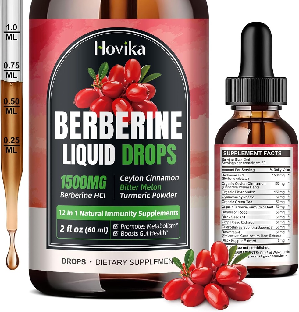 Berberine HCL Tekoče kapljice - 1500 mg Zelo absorbtivne Berberine Tekoče kapljice - Berberine Veggie Supplement for Immune, Digestion System and Heart Health Support, Jagodna aroma- 2 FL Oz