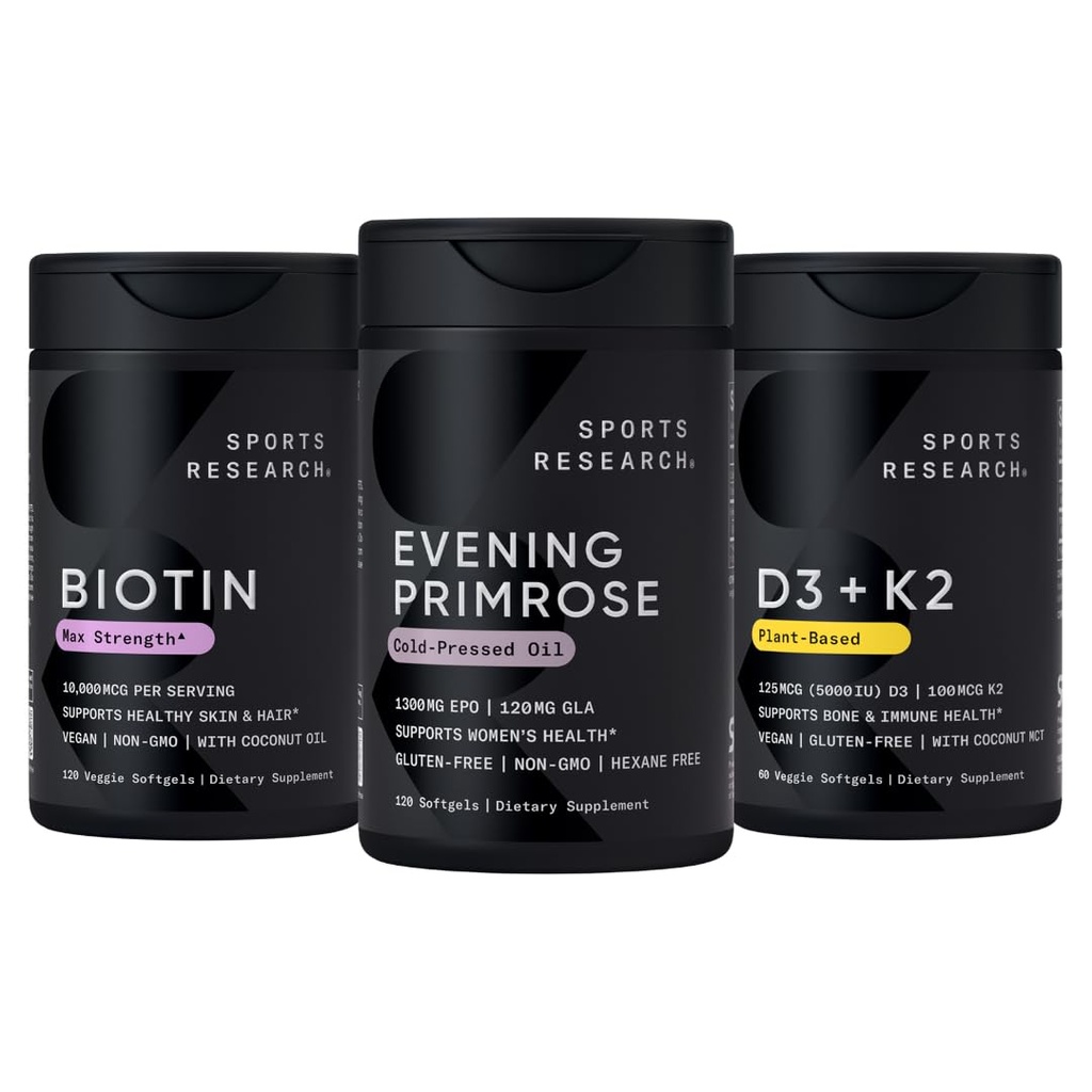 Športne raziskave Vegan Biotin 10.000mcg s kokosovim oljem, Evening Primrose dodatek iz hladno stiskanega olja in rastlin na osnovi vitamina K2 MK7 + Vegan D3 5000iu