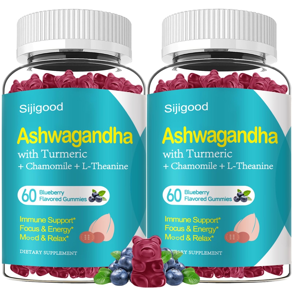 2 Pack Ashwagandha Gumies, Podpora za imuniteto, Sprostitev, Calm Mood & Zzz, Ashwagandha dopolnila za moške in ženske, naravne borovničeve arome, 120 grof