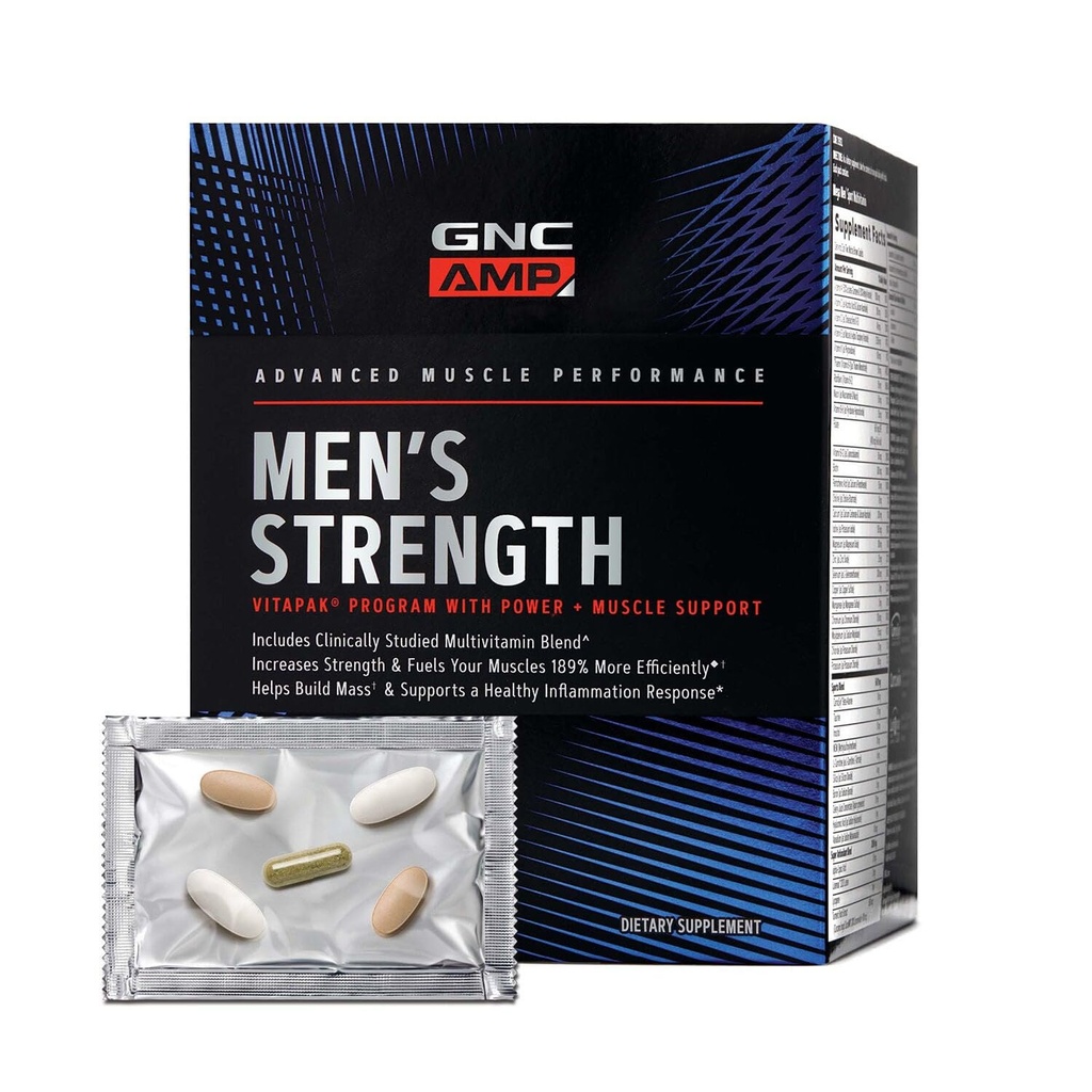 GNC AMP Moška moč Vitapak Program, 3 Izdelki v 1 pakiranju, Absorbljiv Kreatin, Mass Building, Moč mišice, Anabolični premiere, Testosteron Boost, Proven sestavine, Multivitamin, 30-dnevno oskrbo