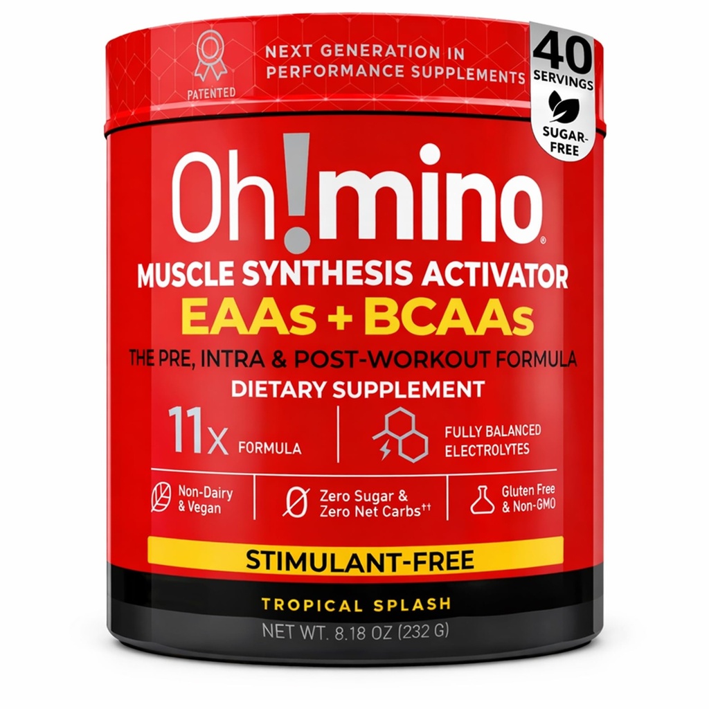 Oh!mino Essential Aminokisline dodatek. Tropical Splash, Stimulant-free Powder. Vseh 9 EAA, BCAA in The Perfect Amino for Workouts, Amino Energy, in zgraditi mišice, in obnoviti hitreje.