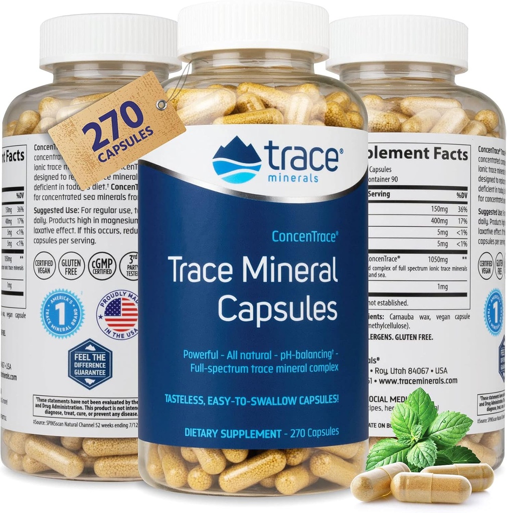 Trace Minerals Low-Sodium ConcenTrace Kapsule - Dopolnilo za podporo zdravje kosti in energijo telesa - Zdrava Hidracija in elektrolit Podpora - 270 Kapsule (90 Servinges