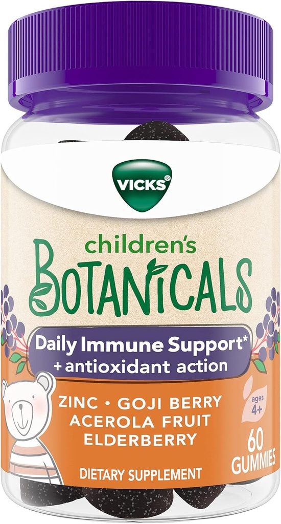 Vicks Children's Botanicals Daily Immune Support* + Antioksidant Action, Gumies, Izdelano z cinkom, Goji Berry, Acerola Fruit, in Elderberry, 60 ct