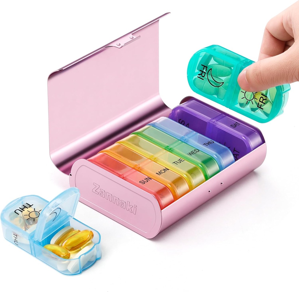 Zannaki Metal XL Tedenska tabletka Organizator 2 krat na dan, Velika potovanja dnevne tablete Box 7 dan, Prenosni teden dvakrat tablete Holder Container, AM PM tablete Primer za medicino vitamina medication dodatek, roza