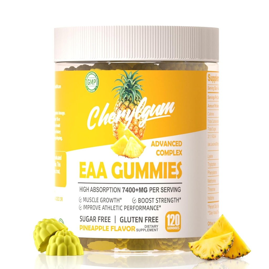 EAA Gummies 120 Anapple Gummies, 7400 mg Essential Aminokisline - vseh 9 Essential Aminos (EAA) in vse razvejane Chain Aminos (BCAA), Non-GMO, Gluten Free, vegetarijansko prijazen.