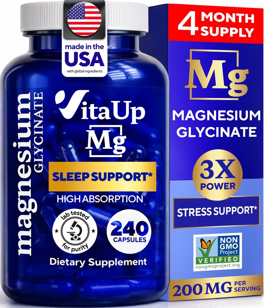 Magnezij Glycinate 200mg - ZDA Made Magnezij dodatek za spanje, srce, kosti, Presnovna podpora - Visoka absorpcija Magnezijev Biglicinat Kapsule - 240 Veganskih keliranih kapsul