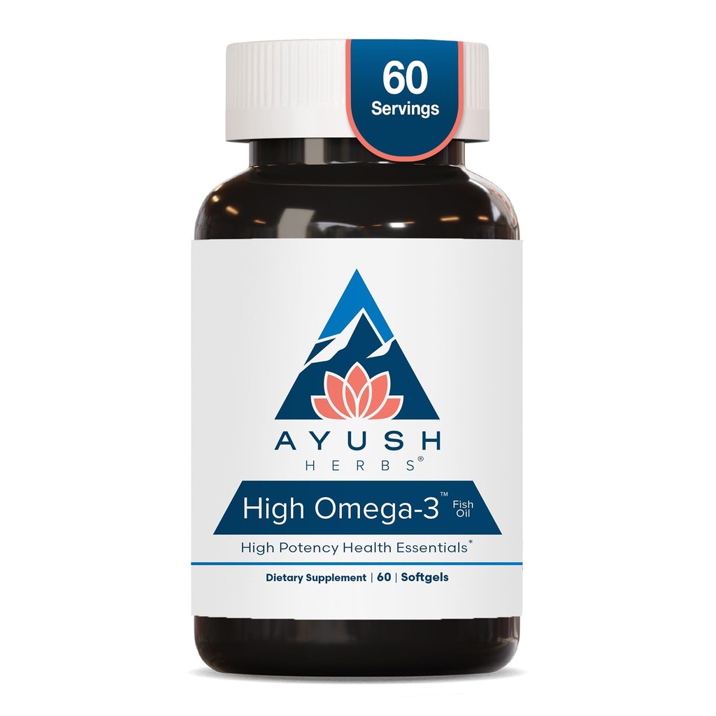 Ayush Herbs High Omega 3 - Omega 3 ribje olje, 1000mg na kapsulo, EPA & DHA ribje olje dodatek za ženske in moške, naravna limonina aroma - 60 kapsul mehkega gela (1 grof)