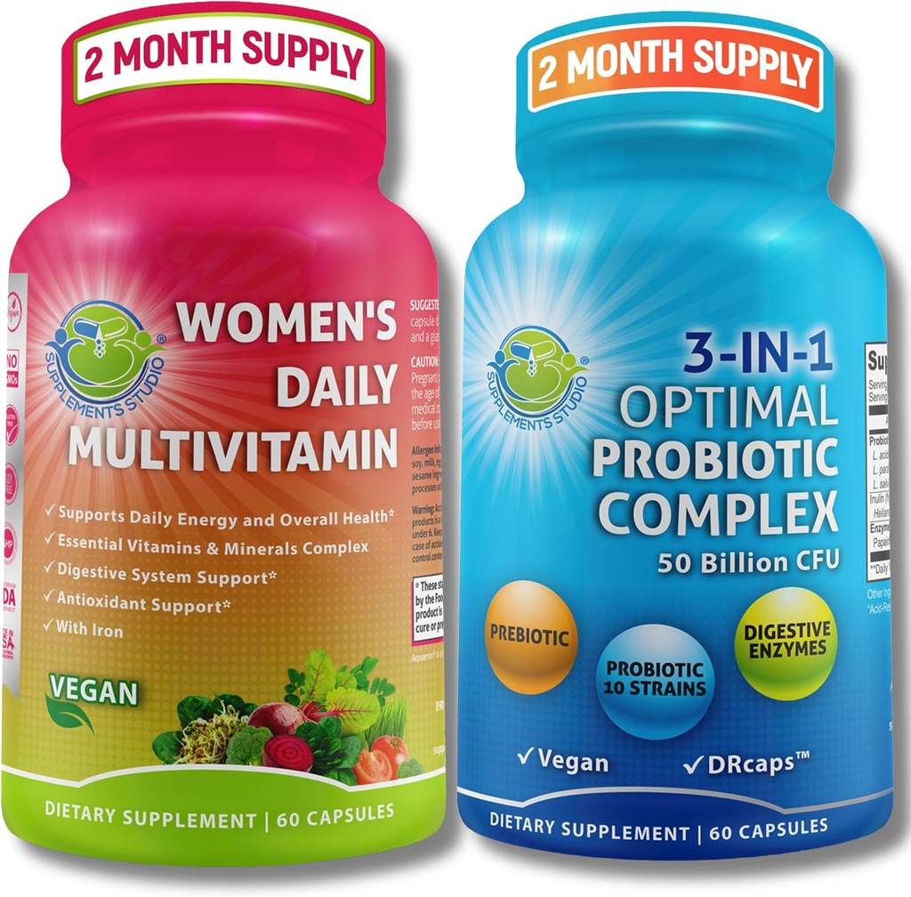 Ženski multivitaminski in probiotični podporni paket – 3-v-1 probiotik z digestivnimi encimi in prebiotičnimi in ženskimi dnevnimi multivitaminom z železom – veganom, ne-GMO, Čista dnevna podpora za dobro počutje