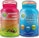 Ženski multivitaminski in probiotični podporni paket – 3-v-1 probiotik z digestivnimi encimi in prebiotičnimi in ženskimi dnevnimi multivitaminom z železom – veganom, ne-GMO, Čista dnevna podpora za dobro počutje