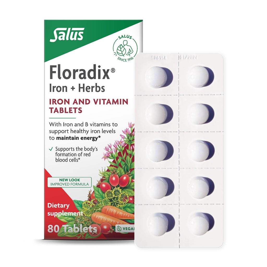 Floradix Železne tablete - Železna dopolnila z B vitamini, folno kislino, vitaminom C & več - energijska podpora - Vegetarian & Gluten-free - 80 tablet (80 strežb)