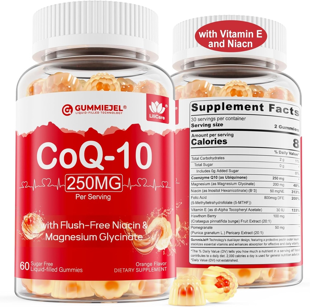 CoQ10 brez sladkorja Polnjeni gumiji 250MG, koencim Q10 w/magnezijev glicinat, niacin brez fluš vitamin B3, E in folna kislina, visoka absorpcija CoQ10 za HEA-rt, celično energijo in antioksidant